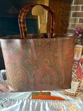 Etro Paisley Print Tote with Tortoiseshell Handles in Red and Green